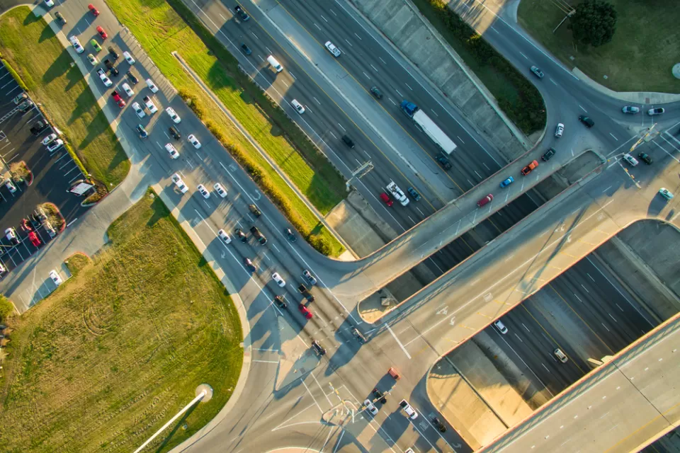 Aerial direct overhead view of I-35 freeway in Austin, Texas